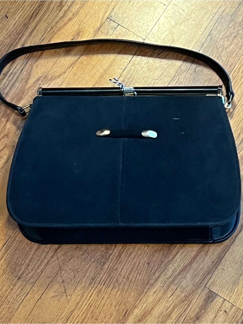 Vintage Black Suede Shoulder Bag with Gold Accents